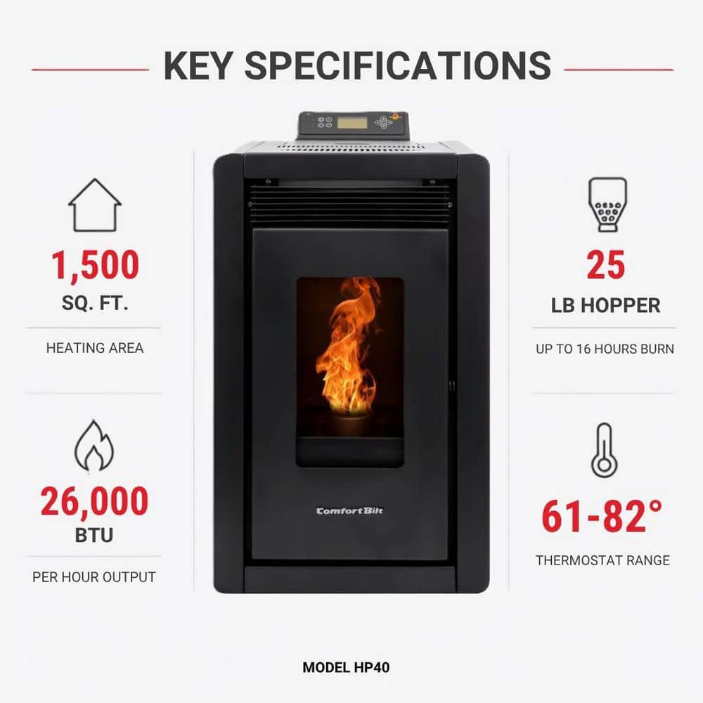 ComfortBilt 1,500 sq. ft. Small Pellet Stove with a 25 lbs. Hopper in Black HP40-Alpine