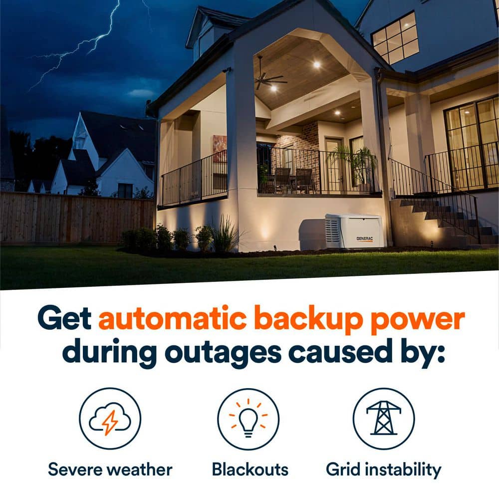 Generac 26kW Air-Cooled Auto Start Natural Gas or Propane Whole House Generator and 200 Amp Transfer Switch w/ Smart Monitoring 7328