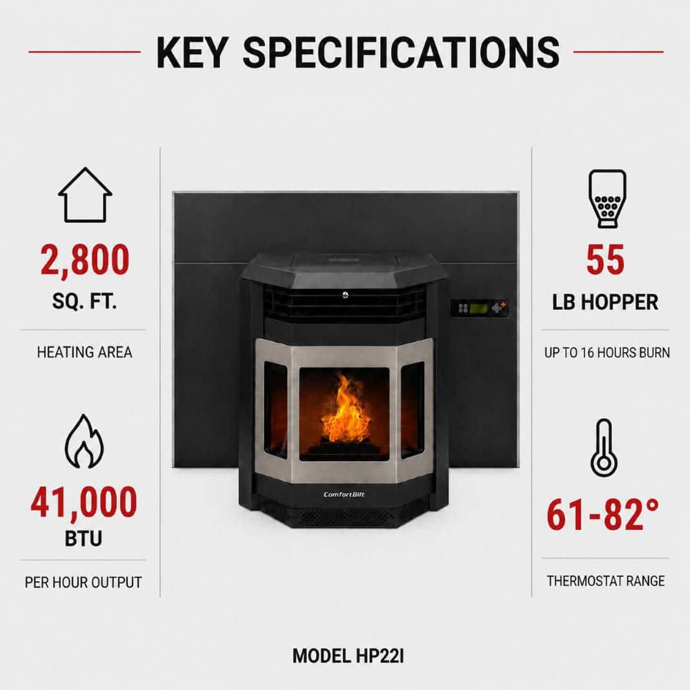 ComfortBilt 2,800 sq. ft Pellet Stove Fireplace Insert with a 47 lbs. Hopper in Black and Stainless Steel HP22i-SS