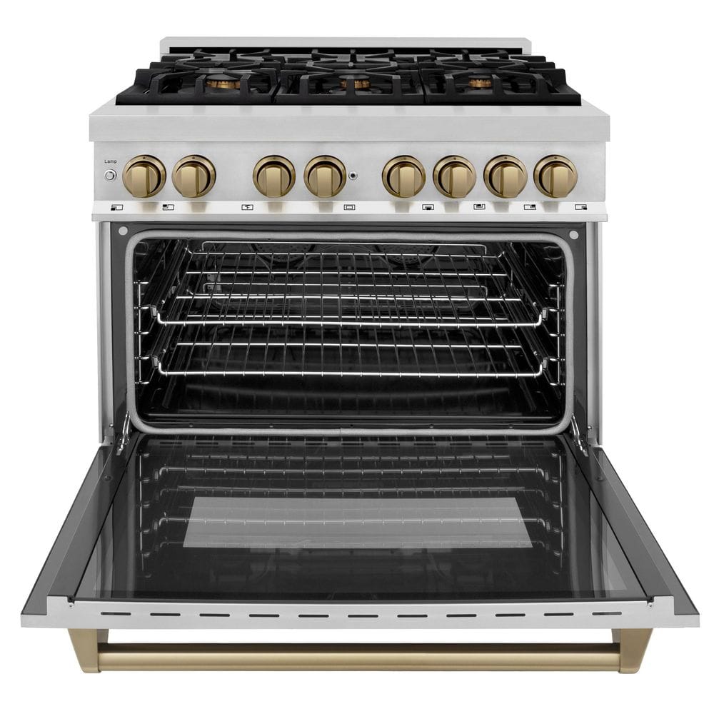 ZLINE Kitchen and Bath Autograph Edition 36 in. 6 Burner Dual Fuel Range in Stainless Steel and Champagne Bronze RAZ-36-CB