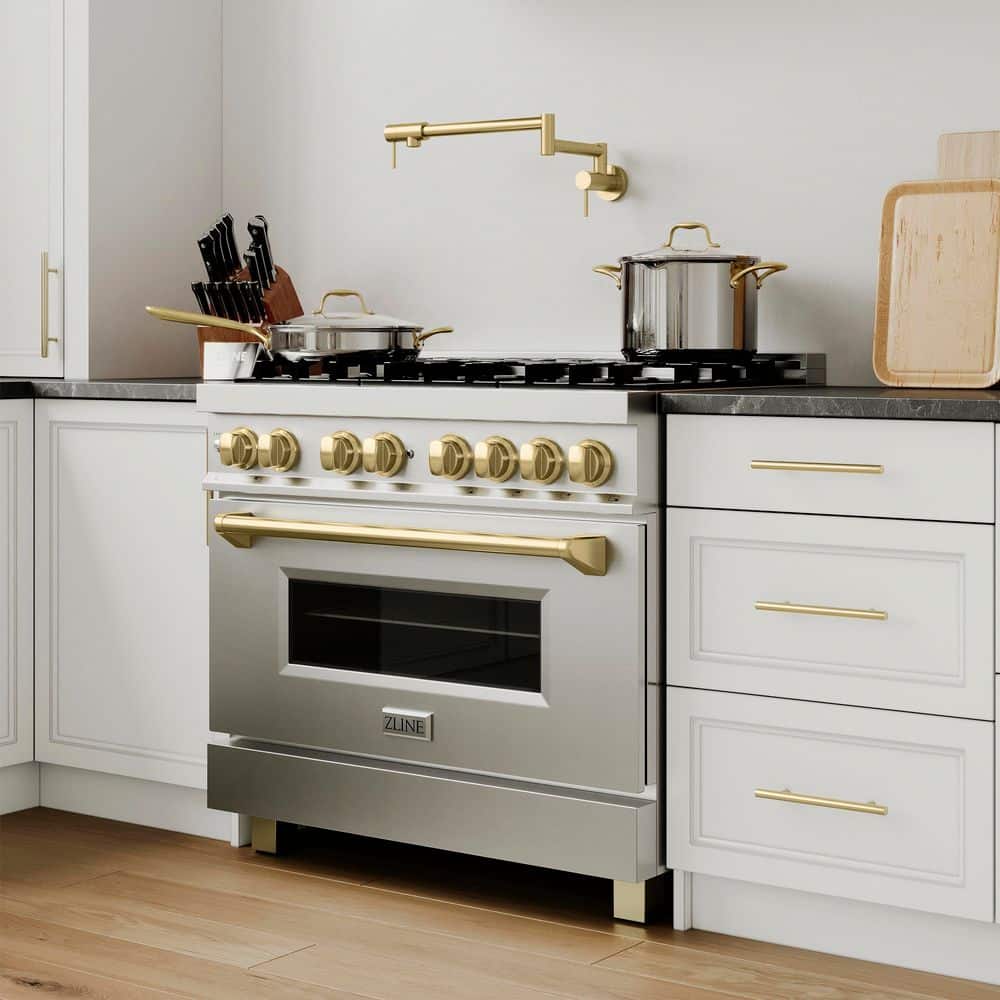 ZLINE Kitchen and Bath Autograph Edition 36 in. 6 Burner Dual Fuel Range in Stainless Steel and Champagne Bronze RAZ-36-CB