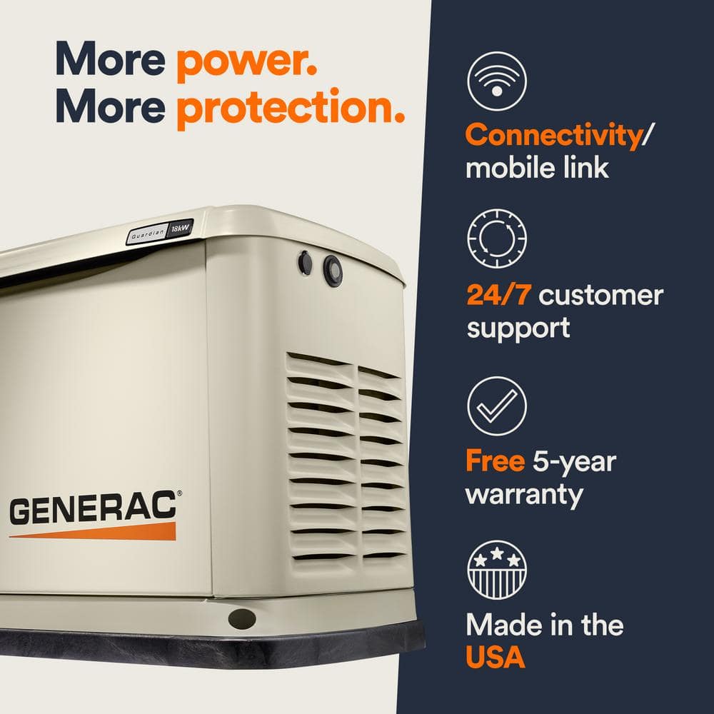 Generac Guardian 18,000-Watt (LP)/17,000-Watt (NG) Air-Cooled Whole House Generator with Wi-Fi and 200-Amp Transfer Switch 7228