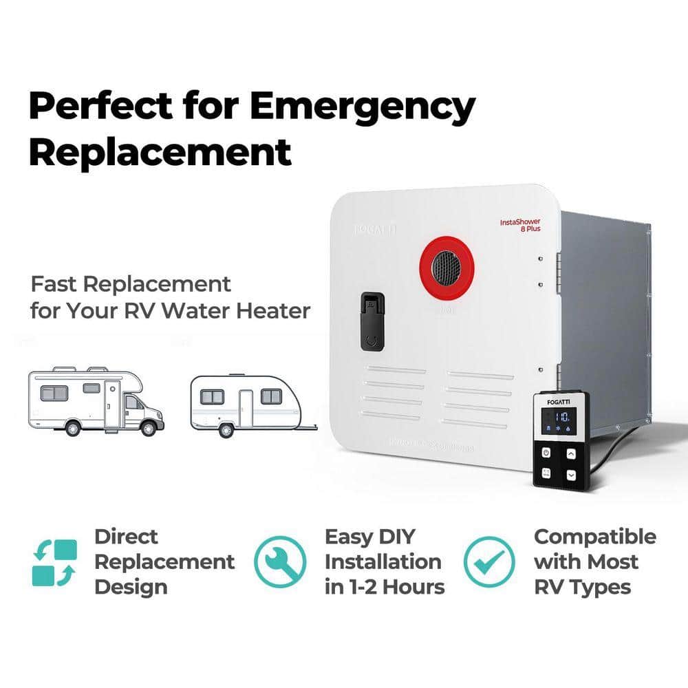 FOGATTI 55,000 BTU RV Propane Tankless Water Heater with White Door, 2.9 GPM, Remote Controller, 2-Years Warranty FS08B1SWD