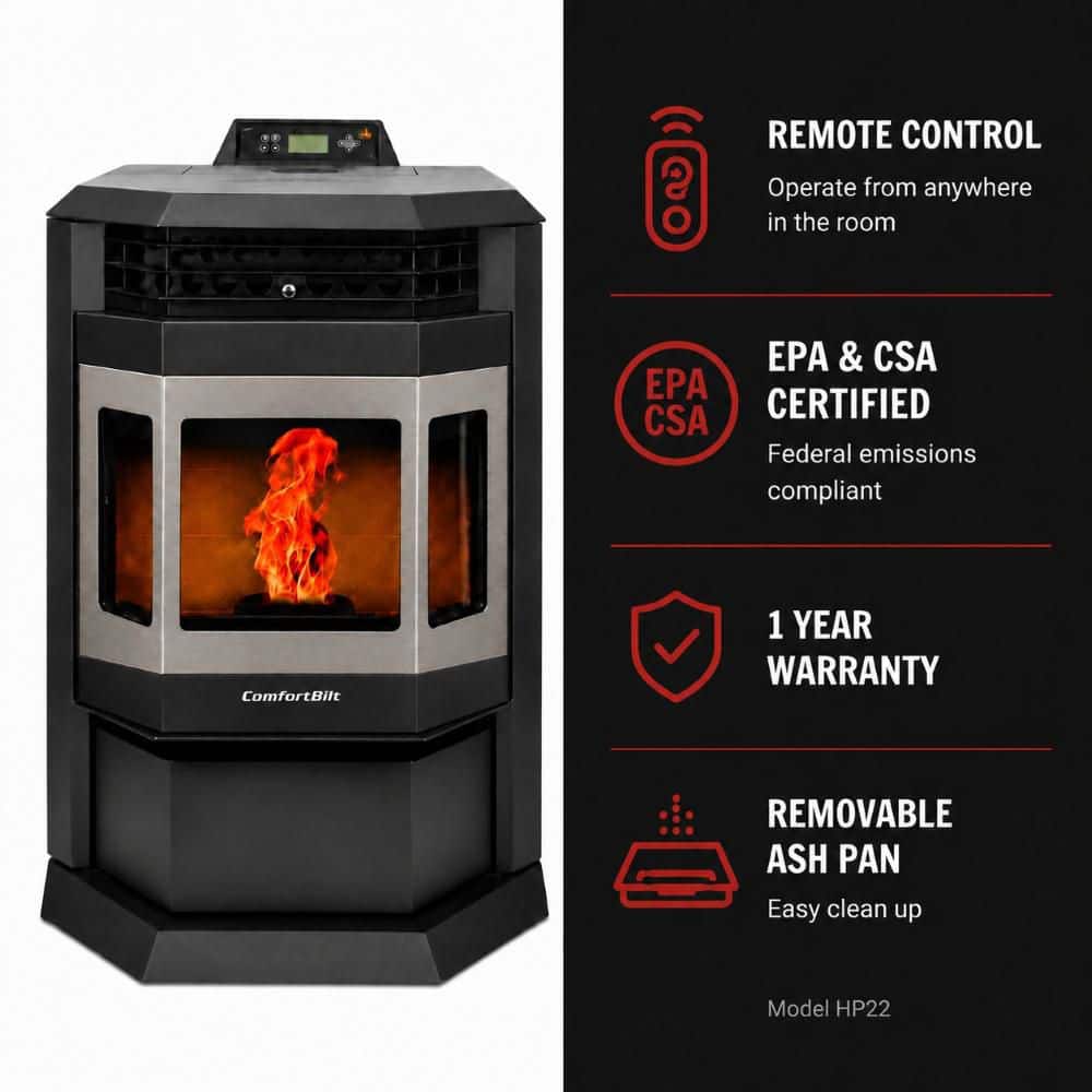 ComfortBilt 2,800 sq. ft. Pellet Stove with 55 lbs. Hopper in Black with Stainless Steel Trim HP22SS-Black