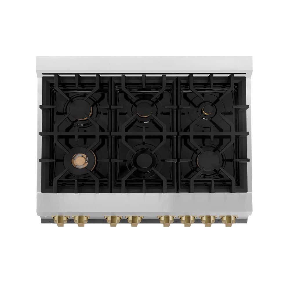 ZLINE Kitchen and Bath Autograph Edition 36 in. 6 Burner Dual Fuel Range in Stainless Steel and Champagne Bronze RAZ-36-CB