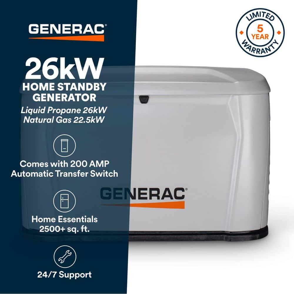 Generac 26kW Air-Cooled Auto Start Natural Gas or Propane Whole House Generator and 200 Amp Transfer Switch w/ Smart Monitoring 7328